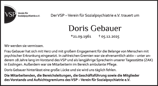 Traueranzeige von Doris Gebauer von Eßlinger Zeitung
