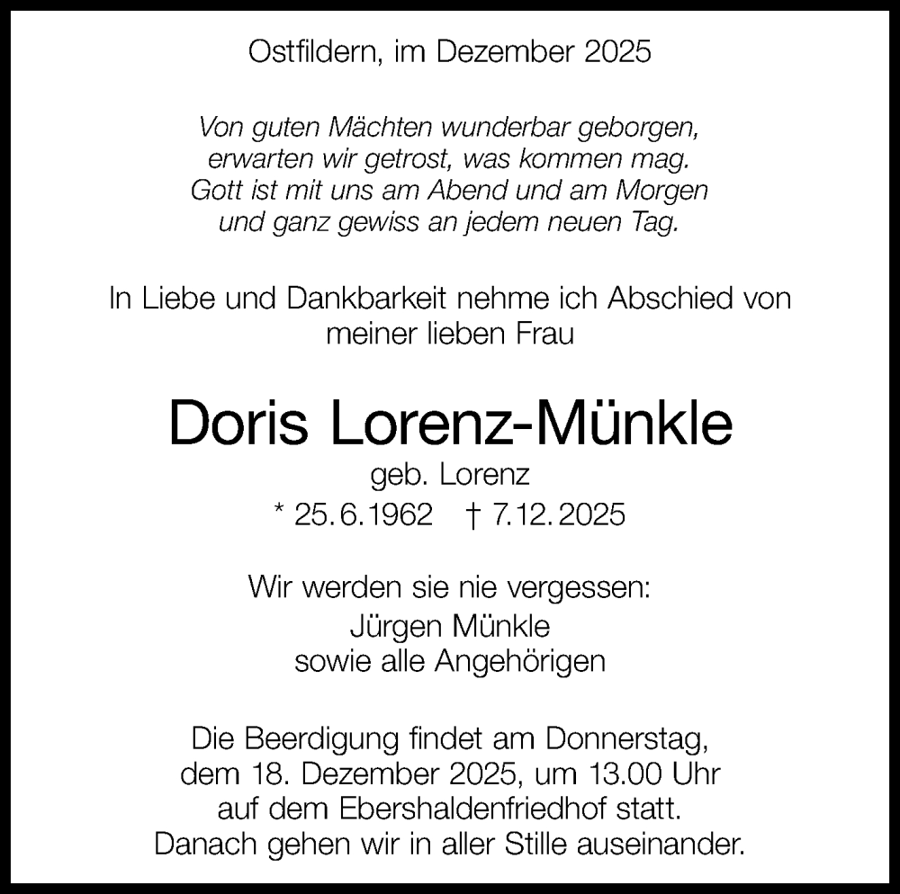  Traueranzeige für Doris Lorenz-Münkle vom 13.12.2025 aus Stuttgarter Zeitung / Stuttgarter Nachrichten