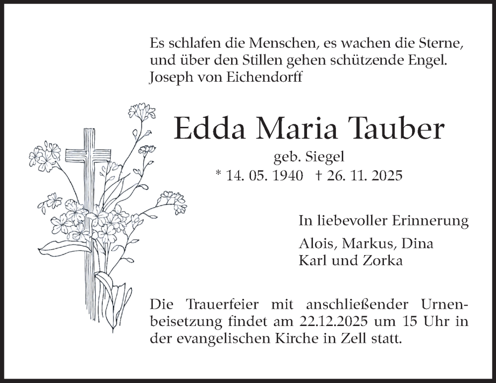  Traueranzeige für Edda Maria Tauber vom 17.12.2025 aus Eßlinger Zeitung