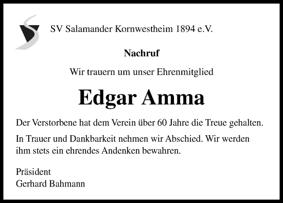 Traueranzeige von Edgar Amma von Marbacher Zeitung