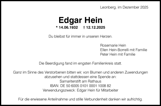 Traueranzeige von Edgar Hein von Leonberger Kreiszeitung / Strohgäu Extra