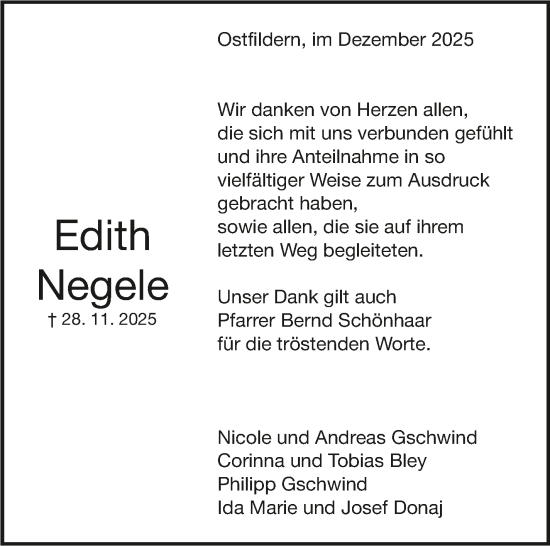 Traueranzeige von Edith Negele von Eßlinger Zeitung