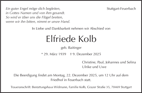 Traueranzeige von Elfriede Kolb von Stuttgarter Zeitung / Stuttgarter Nachrichten