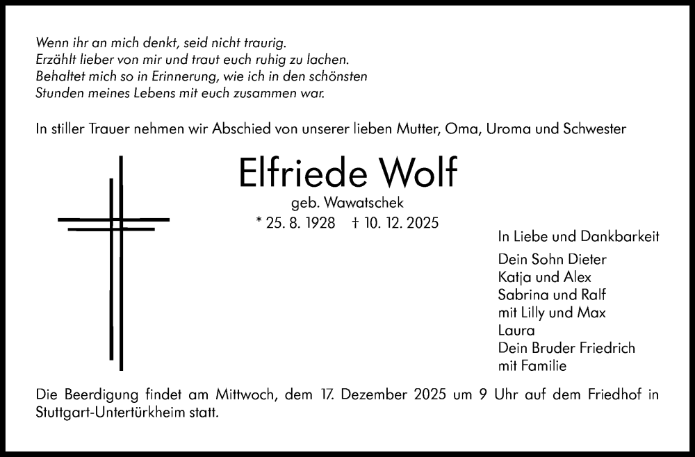 Traueranzeige für Elfriede Wolf vom 13.12.2025 aus Stuttgarter Zeitung / Stuttgarter Nachrichten