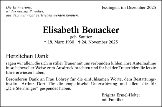 Traueranzeige von Elisabeth Bonacker von Eßlinger Zeitung
