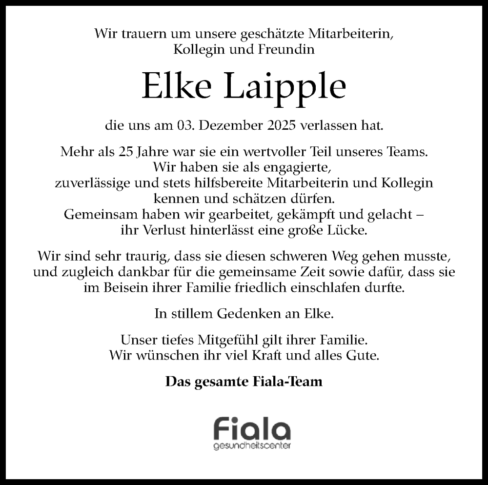  Traueranzeige für Elke Laipple vom 12.12.2025 aus Eßlinger Zeitung