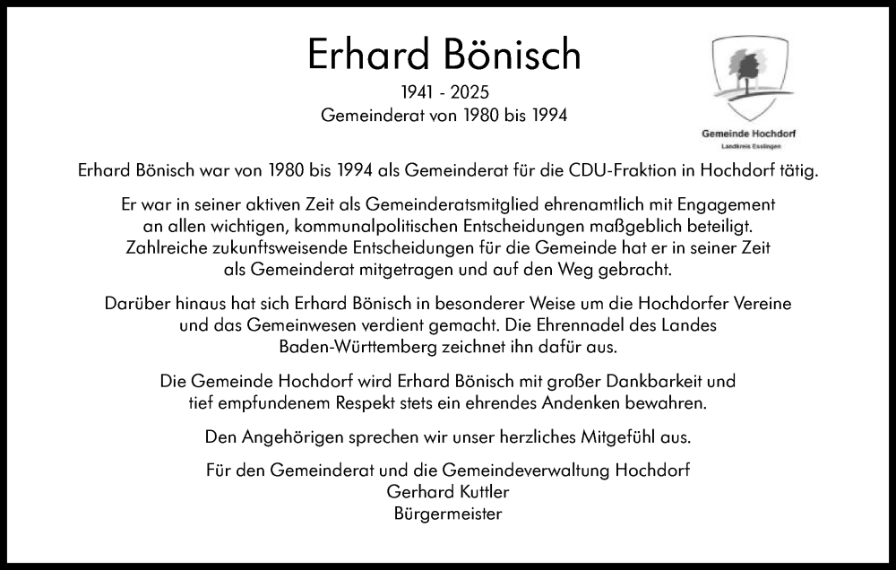  Traueranzeige für Erhard Bönisch vom 11.12.2025 aus Eßlinger Zeitung