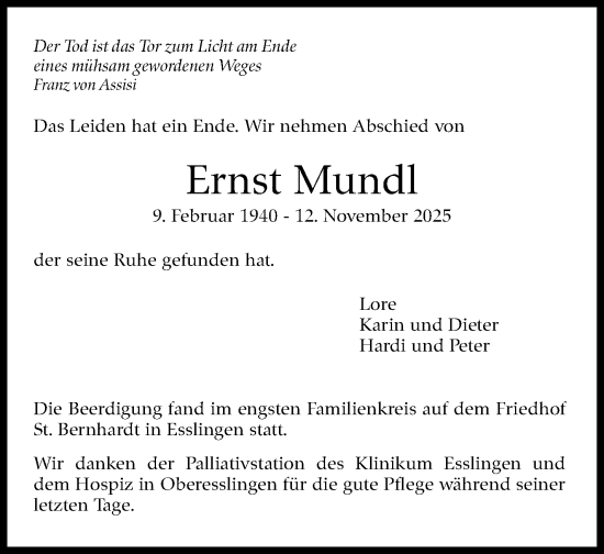 Traueranzeige von Ernst Mundl von Eßlinger Zeitung