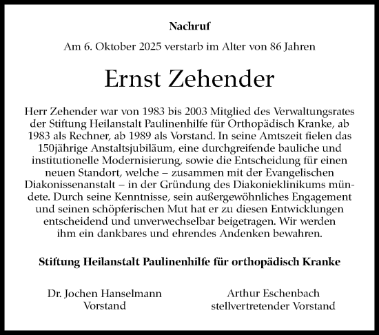 Traueranzeige von Ernst Zehender von Stuttgarter Zeitung / Stuttgarter Nachrichten