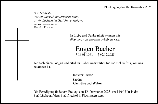 Traueranzeige von Eugen Bacher von Eßlinger Zeitung