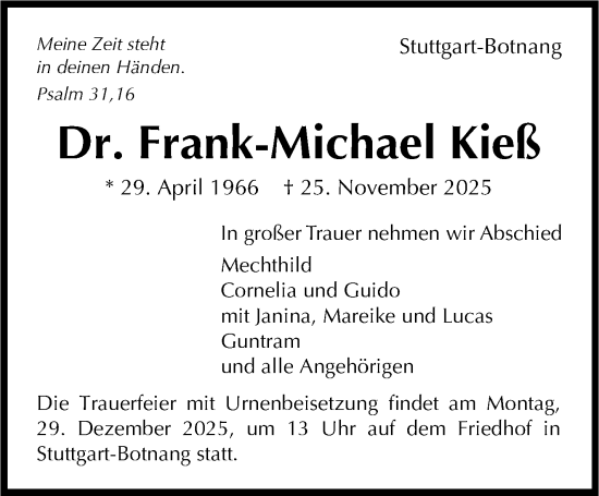 Traueranzeige von Frank-Michael Kieß von Stuttgarter Zeitung / Stuttgarter Nachrichten