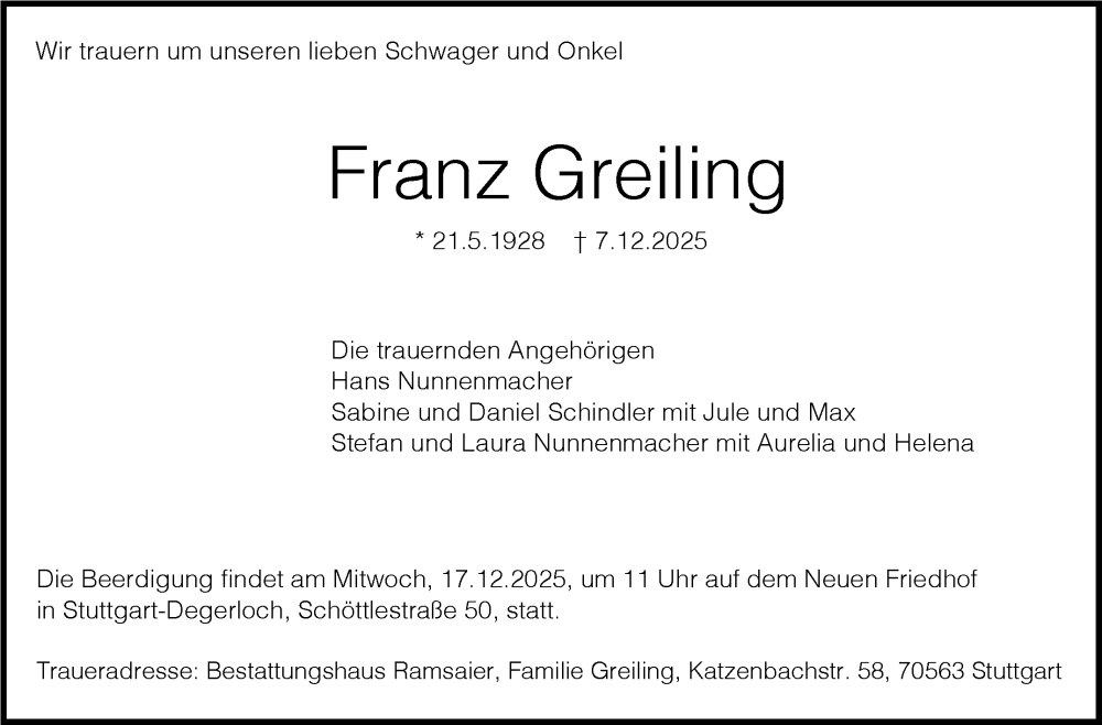  Traueranzeige für Franz Greiling vom 13.12.2025 aus Stuttgarter Zeitung / Stuttgarter Nachrichten