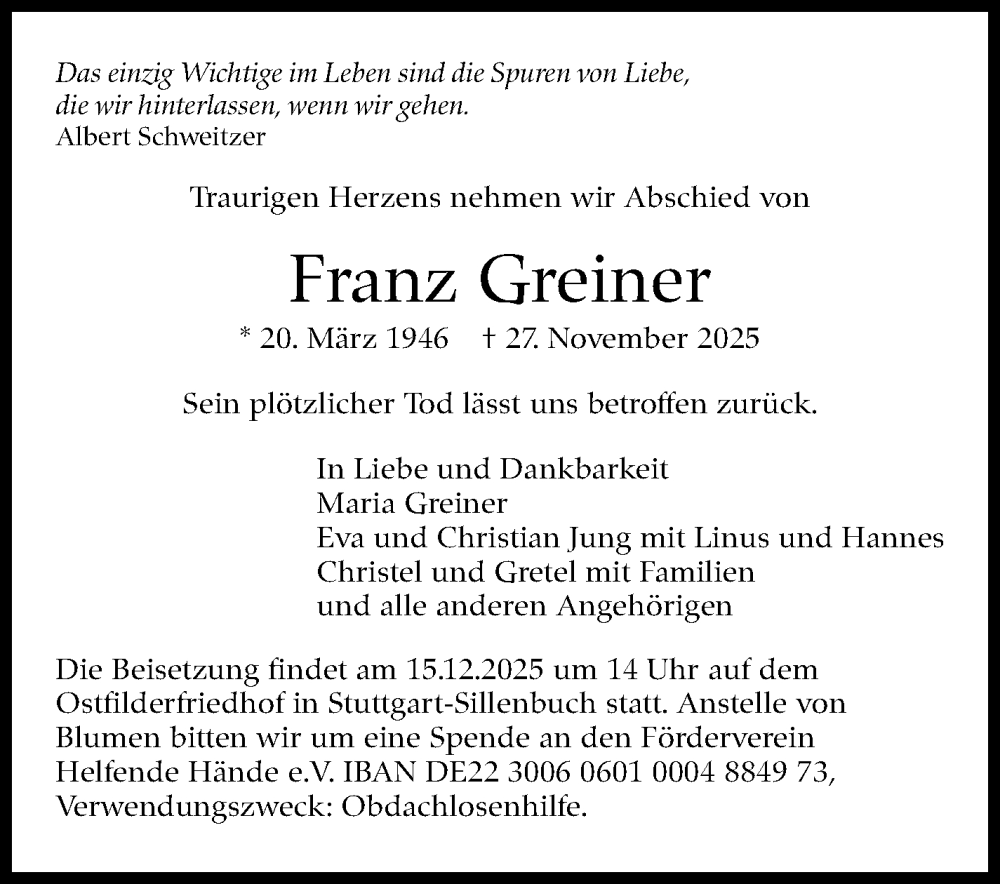  Traueranzeige für Franz Greiner vom 06.12.2025 aus Stuttgarter Zeitung / Stuttgarter Nachrichten