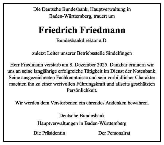 Traueranzeige von Friedrich Friedmann von Stuttgarter Zeitung / Stuttgarter Nachrichten