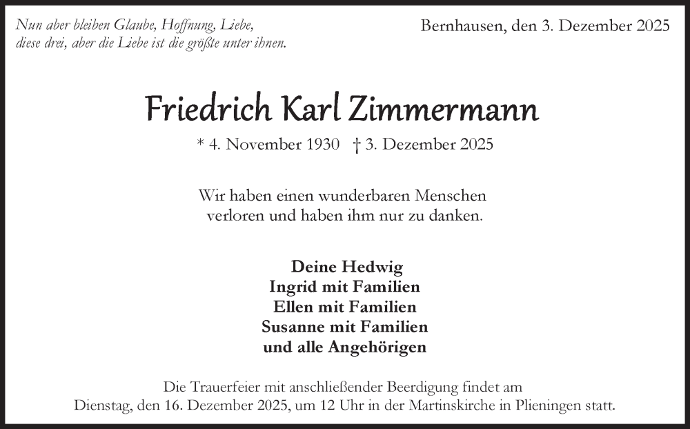  Traueranzeige für Friedrich Karl Zimmermann vom 11.12.2025 aus Stuttgarter Zeitung / Stuttgarter Nachrichten