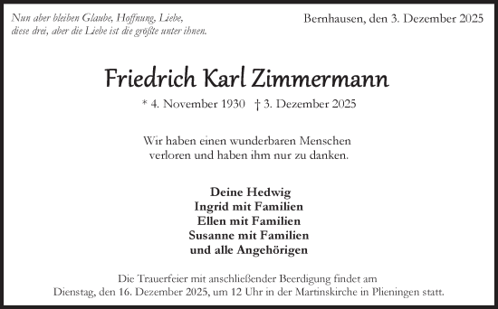 Traueranzeige von Friedrich Karl Zimmermann von Stuttgarter Zeitung / Stuttgarter Nachrichten