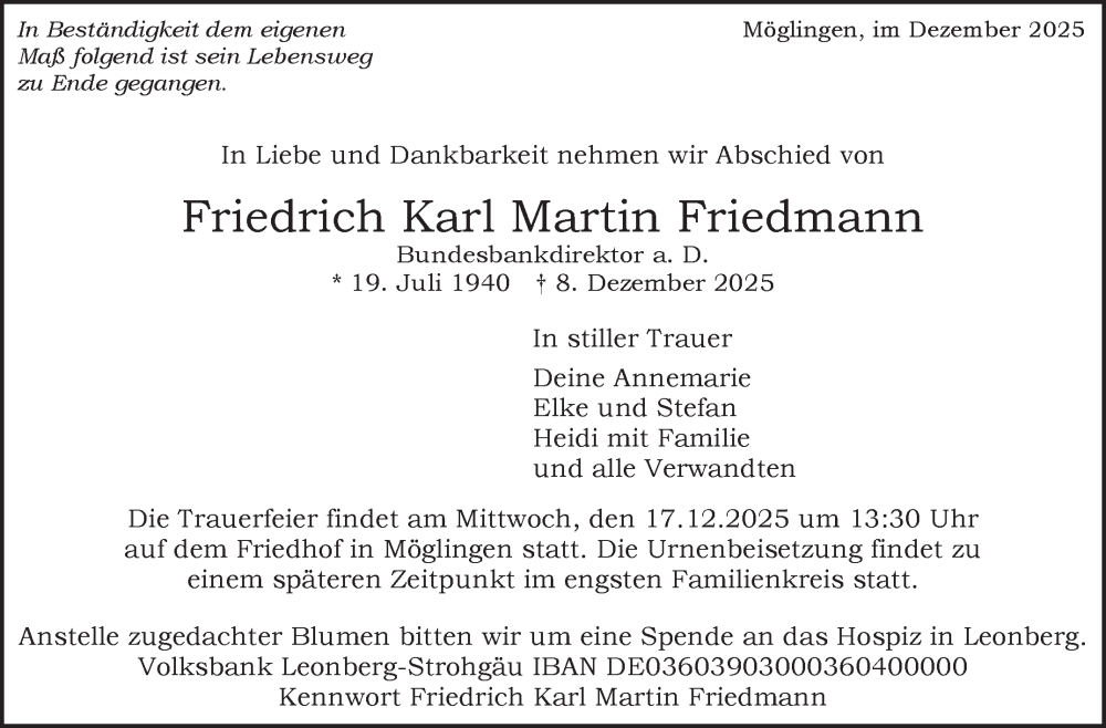  Traueranzeige für Friedrich Karl Martin Friedmann vom 12.12.2025 aus Stuttgarter Zeitung / Stuttgarter Nachrichten