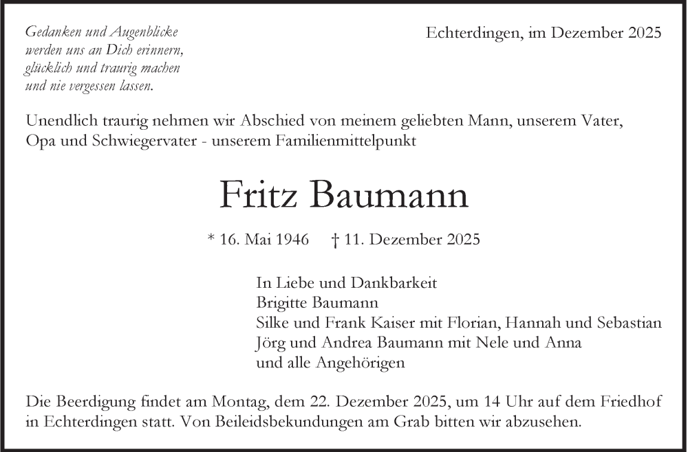  Traueranzeige für Fritz Baumann vom 18.12.2025 aus Eßlinger Zeitung