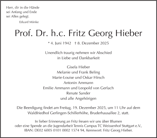 Traueranzeige von Fritz Georg Hieber von Stuttgarter Zeitung / Stuttgarter Nachrichten