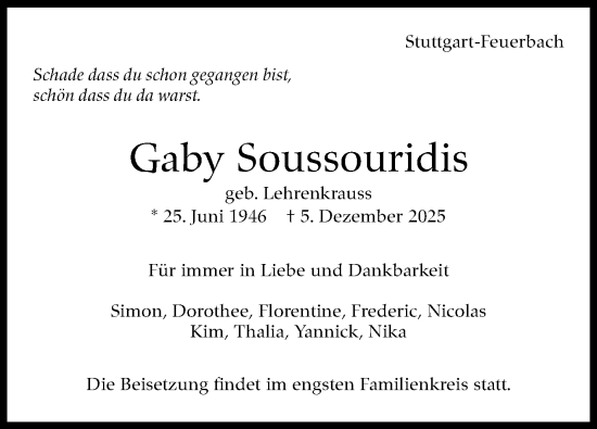 Traueranzeige von Gaby Soussouridis von Stuttgarter Zeitung / Stuttgarter Nachrichten