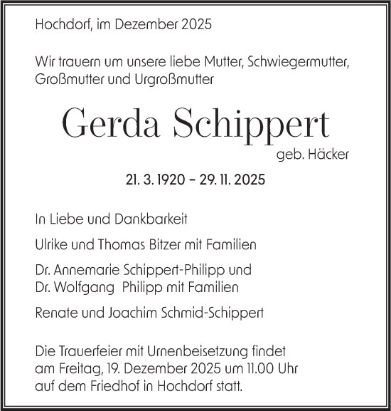 Traueranzeige von Gerda Schippert von Eßlinger Zeitung