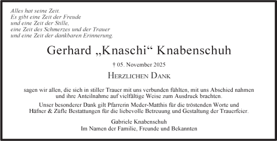 Traueranzeige von Gerhard Knabenschuh von Stuttgarter Zeitung / Stuttgarter Nachrichten