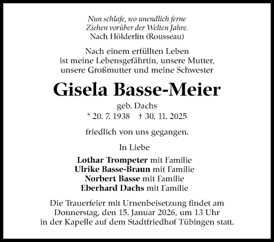 Traueranzeige von Gisela Basse-Meier von Stuttgarter Zeitung / Stuttgarter Nachrichten