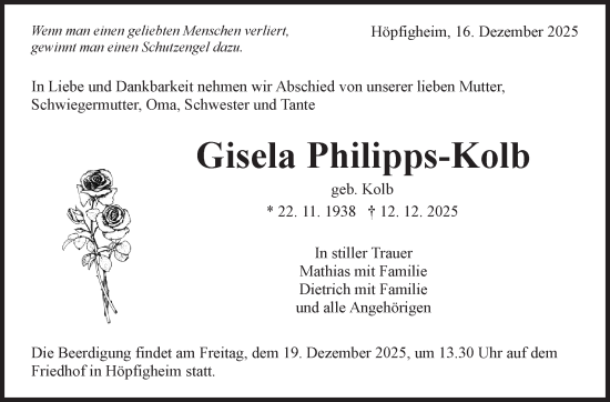 Traueranzeige von Gisela Philipps-Kolb von Marbacher Zeitung