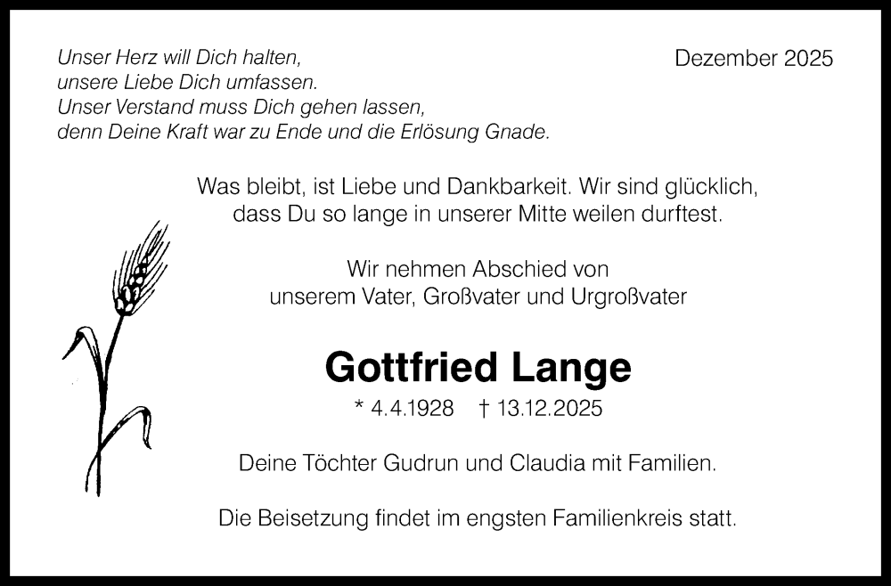  Traueranzeige für Gottfried Lange vom 19.12.2025 aus Leonberger Kreiszeitung / Strohgäu Extra