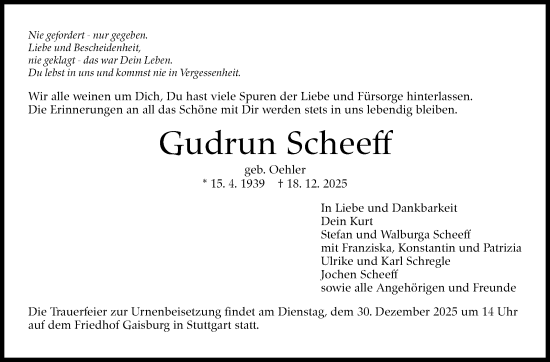 Traueranzeige von Gudrun Scheeff von Stuttgarter Zeitung / Stuttgarter Nachrichten