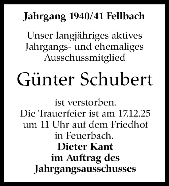 Traueranzeige von Günter Schubert von Stuttgarter Zeitung / Stuttgarter Nachrichten