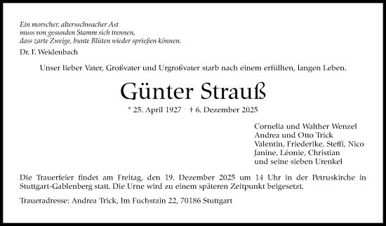 Traueranzeige von Günter Strauß von Stuttgarter Zeitung / Stuttgarter Nachrichten