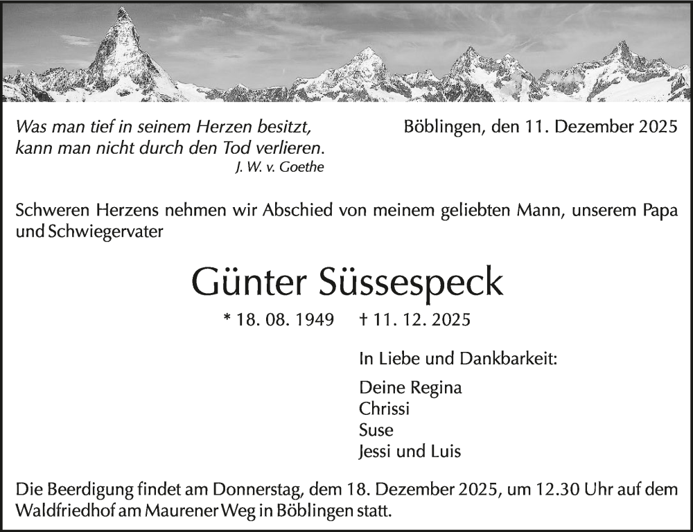  Traueranzeige für Günter Süssespeck vom 15.12.2025 aus Kreiszeitung Böblinger Bote