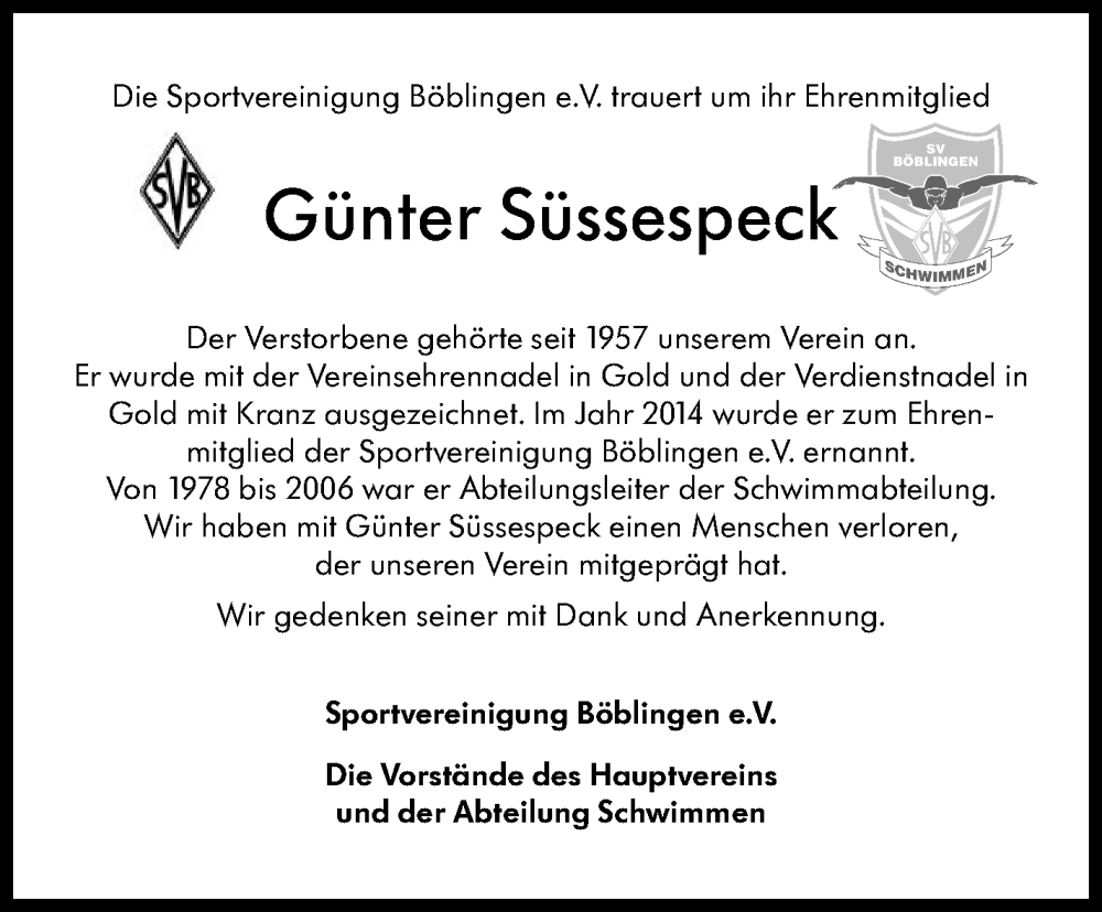  Traueranzeige für Günter Süssespeck vom 19.12.2025 aus Kreiszeitung Böblinger Bote