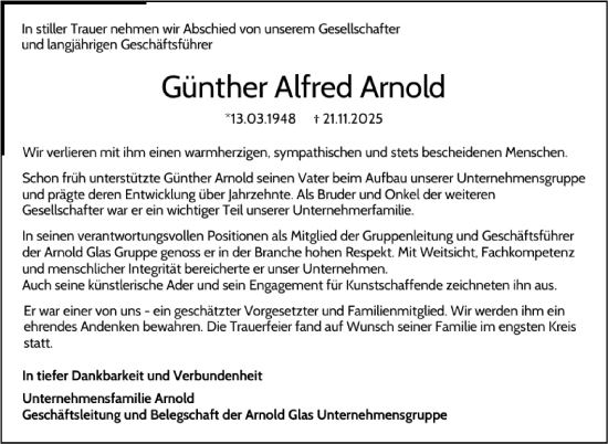 Traueranzeige von Günther Alfred Arnold von Stuttgarter Zeitung / Stuttgarter Nachrichten