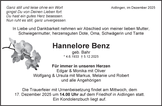 Traueranzeige von Hannelore Benz von Kreiszeitung Böblinger Bote