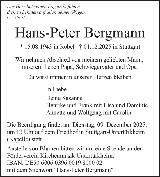 Traueranzeige von Hans-Peter Bergmann von Stuttgarter Zeitung / Stuttgarter Nachrichten