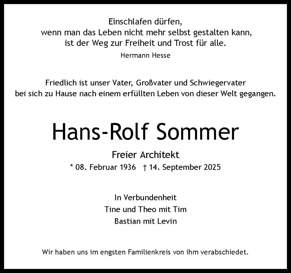  Traueranzeige für Hans-Rolf Sommer vom 11.10.2025 aus Eßlinger Zeitung