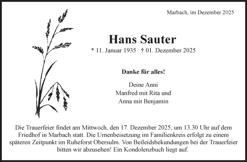  Traueranzeige für Hans Sauter vom 10.12.2025 aus Marbacher Zeitung