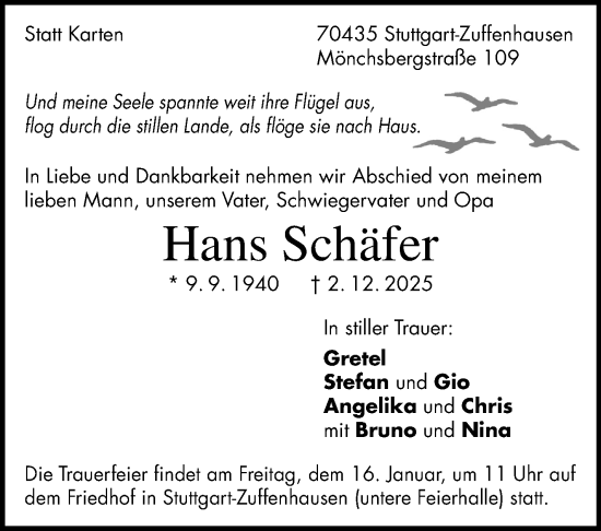 Traueranzeige von Hans Schäfer von Stuttgarter Zeitung / Stuttgarter Nachrichten