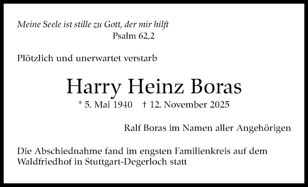  Traueranzeige für Harry Heinz Boras vom 10.12.2025 aus Stuttgarter Zeitung / Stuttgarter Nachrichten