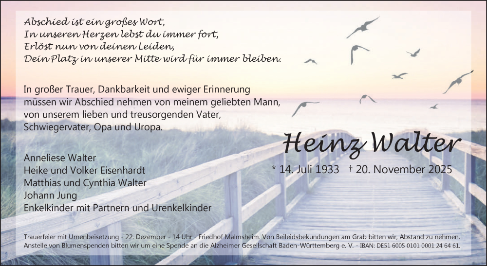  Traueranzeige für Heinz Walter vom 17.12.2025 aus Leonberger Kreiszeitung / Strohgäu Extra
