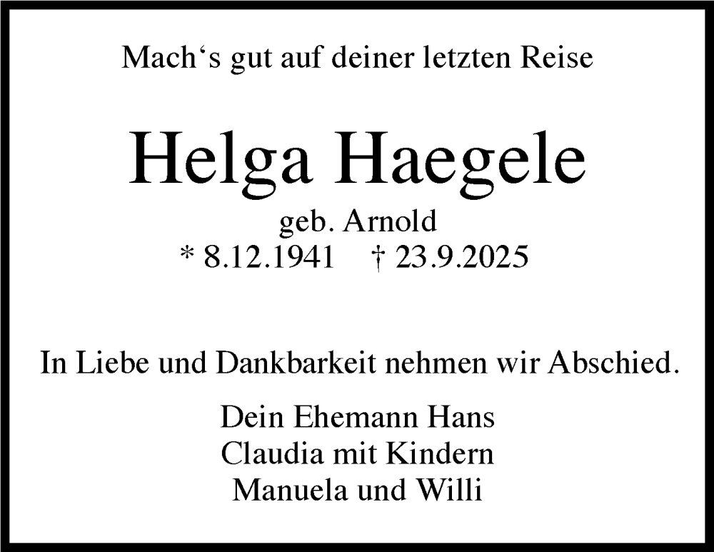  Traueranzeige für Helga Haegele vom 10.10.2025 aus Stuttgarter Zeitung / Stuttgarter Nachrichten