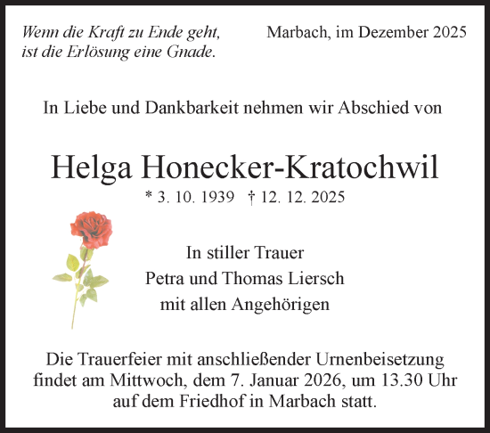 Traueranzeige von Helga Honecker-Kratochwil von Marbacher Zeitung