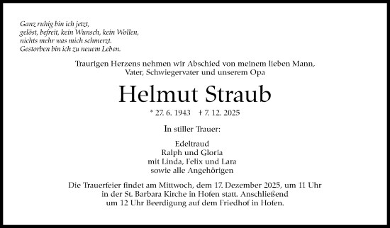 Traueranzeige von Helmut Straub von Stuttgarter Zeitung / Stuttgarter Nachrichten