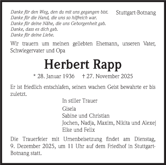 Traueranzeige von Herbert Rapp von Stuttgarter Zeitung / Stuttgarter Nachrichten