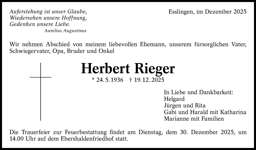  Traueranzeige für Herbert Rieger vom 29.12.2025 aus Eßlinger Zeitung