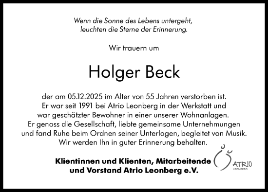 Traueranzeige von Holger Beck von Leonberger Kreiszeitung / Strohgäu Extra