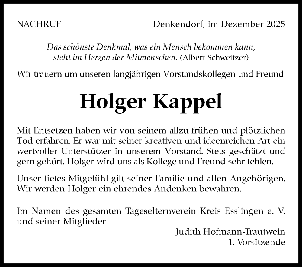  Traueranzeige für Holger Kappel vom 06.12.2025 aus Eßlinger Zeitung