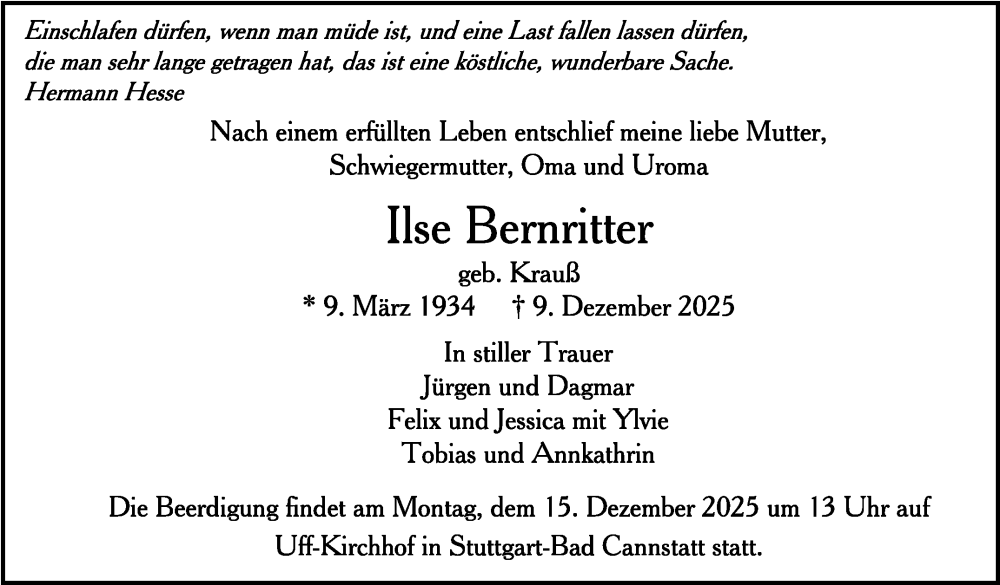 Traueranzeige für Ilse Bernritter vom 13.12.2025 aus Stuttgarter Zeitung / Stuttgarter Nachrichten